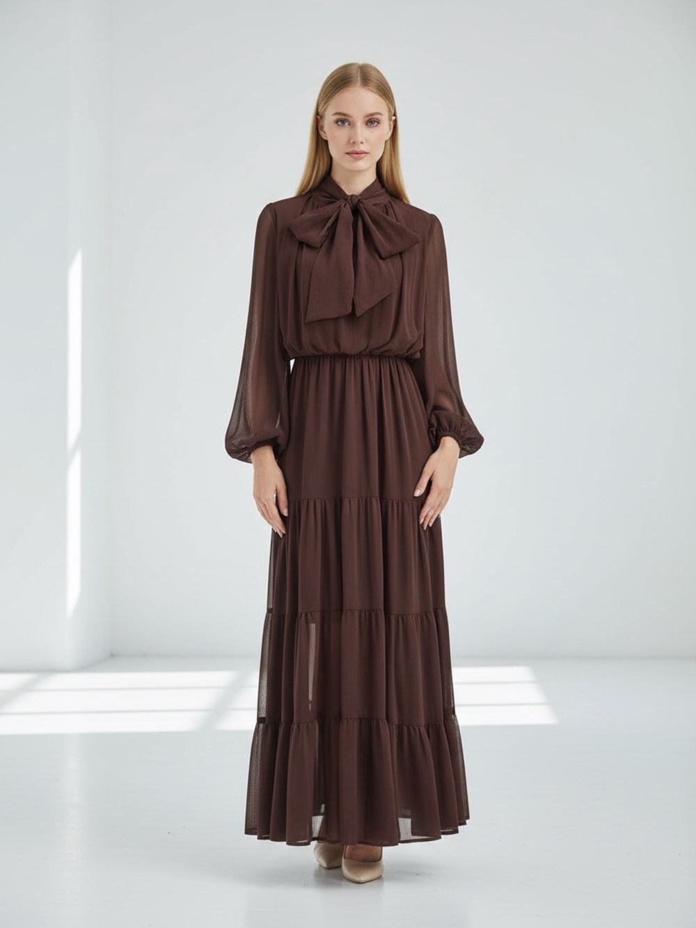 Commense Chiffon Bow Long Sleeve Maxi Dress - Picture 11 of 15